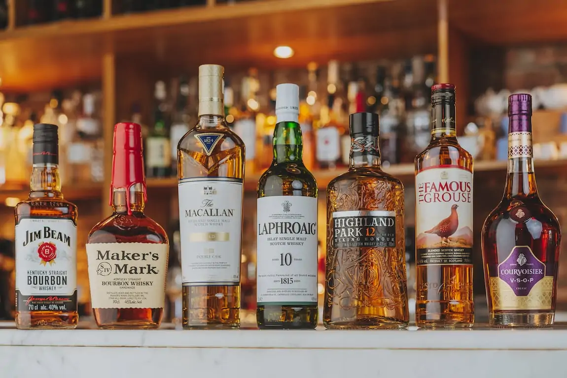 Spirits bottles on a bar