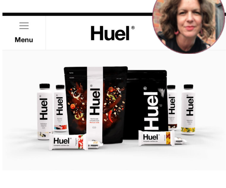 Huel product range plus a head shot of Louise Cruttenden