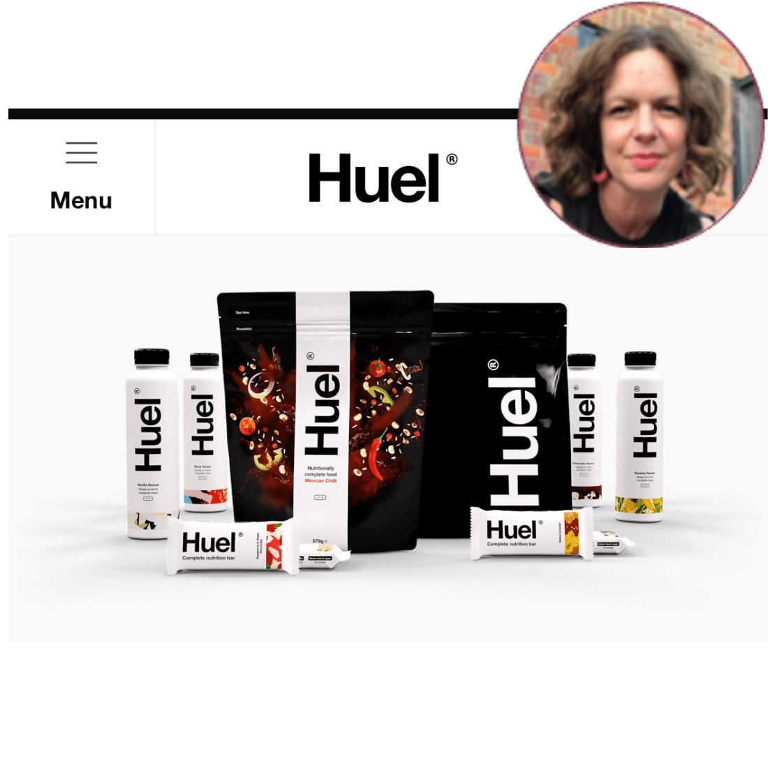Huel product range plus a head shot of Louise Cruttenden
