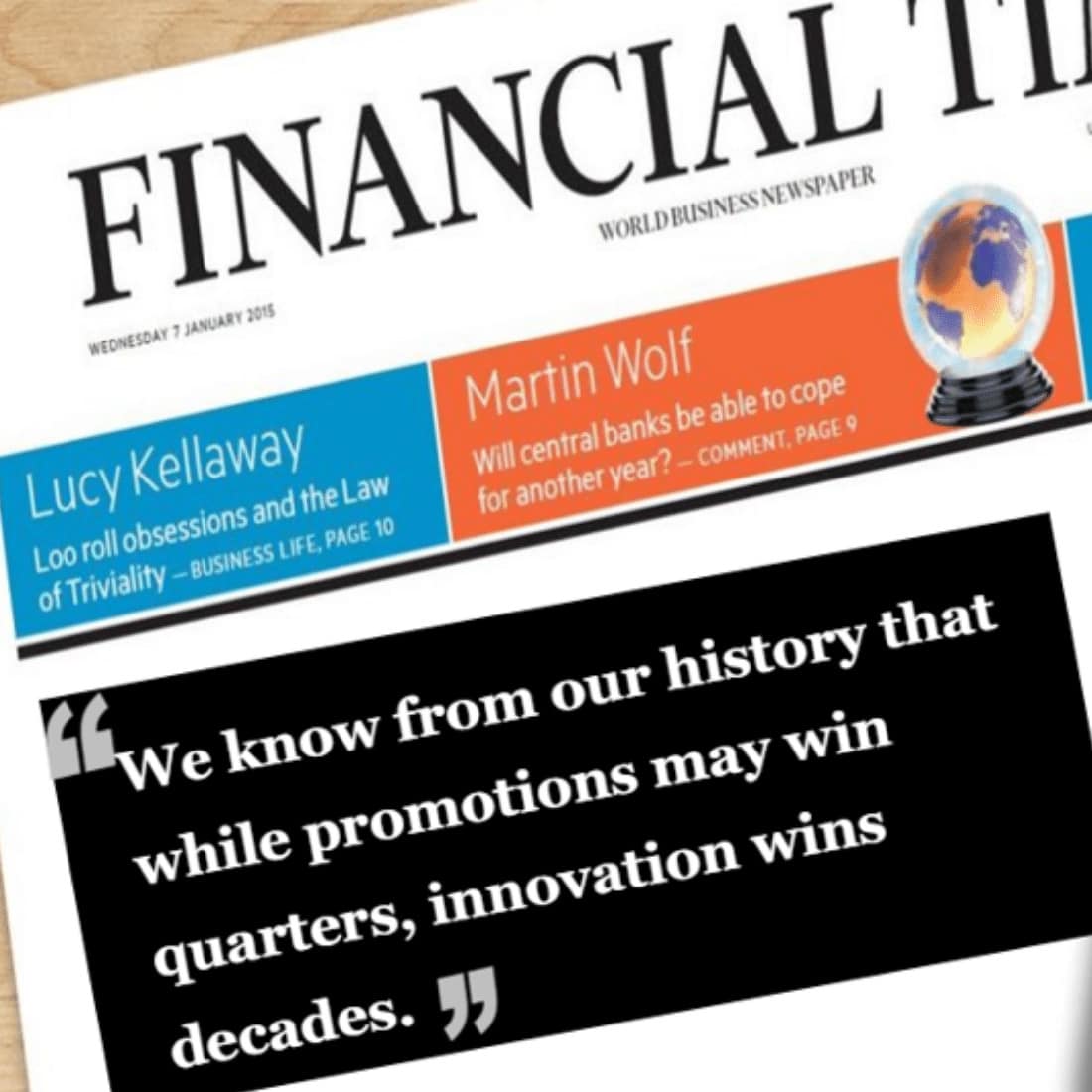 Mocked-up Financial Times article from P+G about the important role of innovation